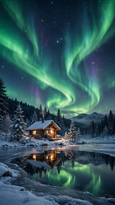Northern lights cabin wallpaper on a phone
